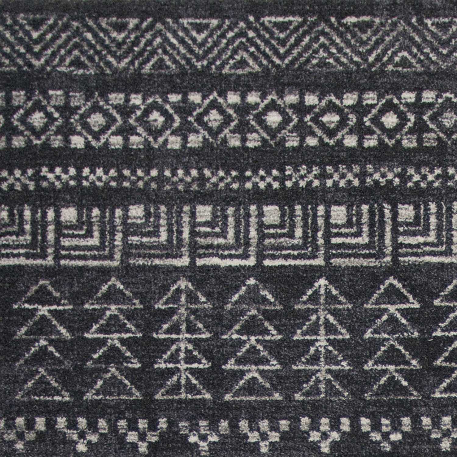 A stylish charcoal grey machine woven bohemian tribal indoor rug, showcasing intricate patterns and a soft texture, perfect for enhancing home decor.