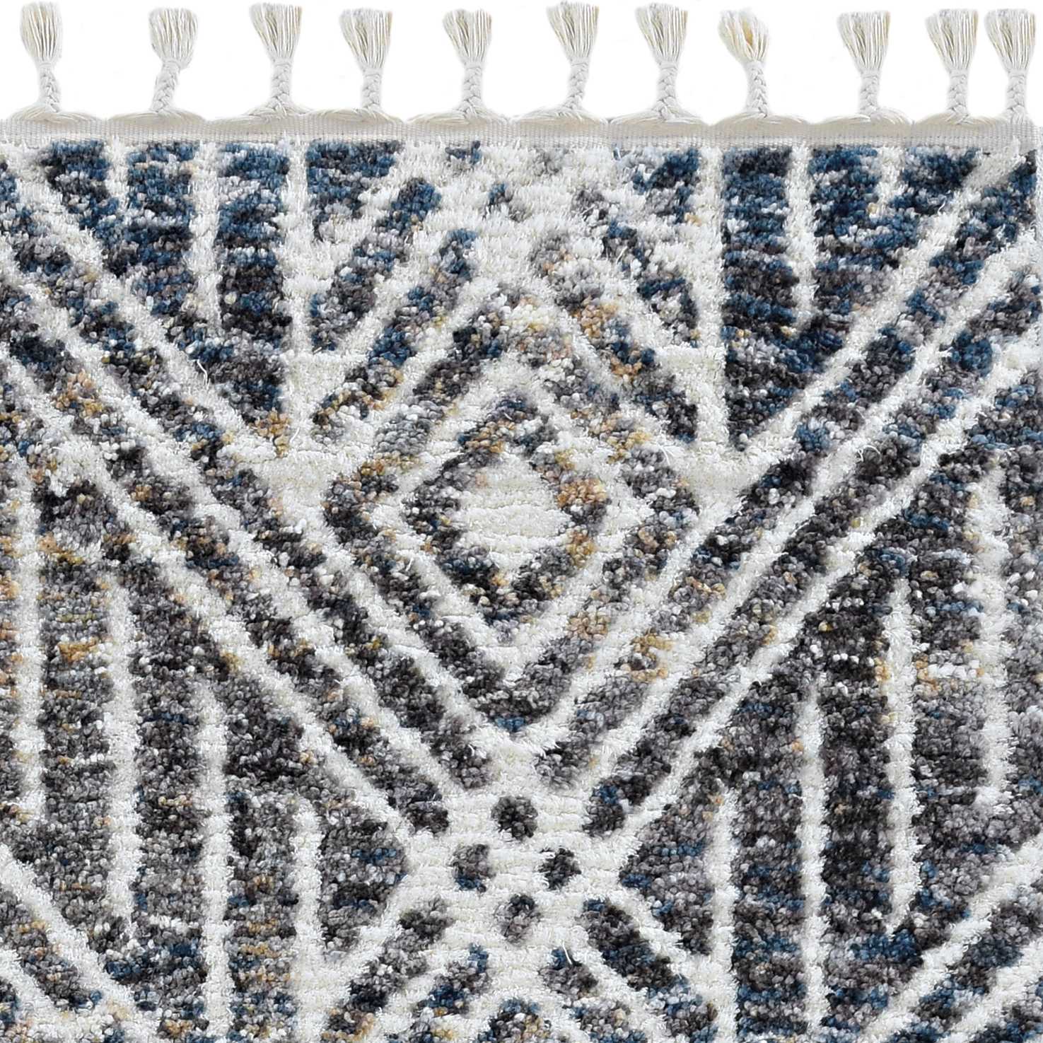 3x5 Grey Ivory Machine Woven Rug featuring geometric patterns and fringe, perfect for bohemian decor.