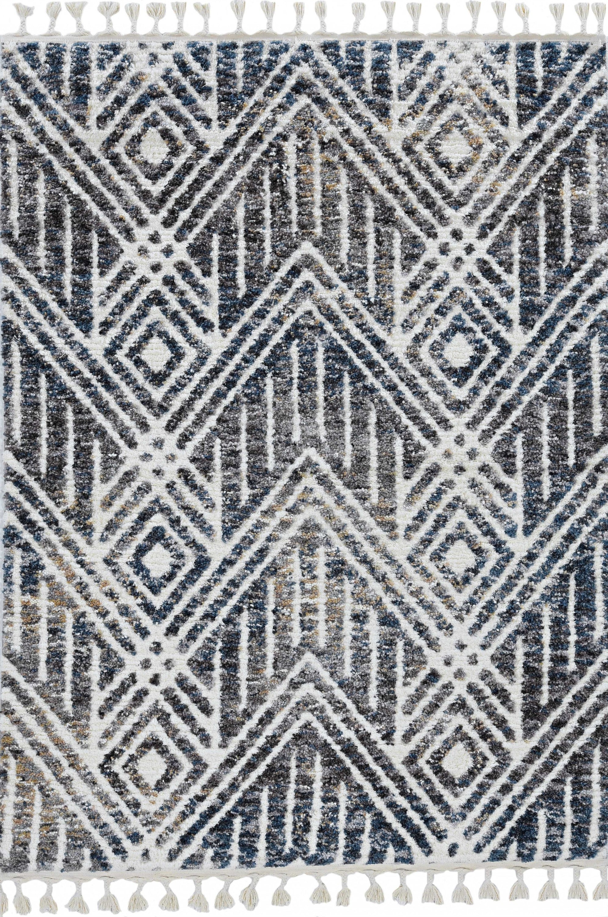 3x5 Grey Ivory Machine Woven Rug featuring geometric patterns and fringe, perfect for bohemian decor.