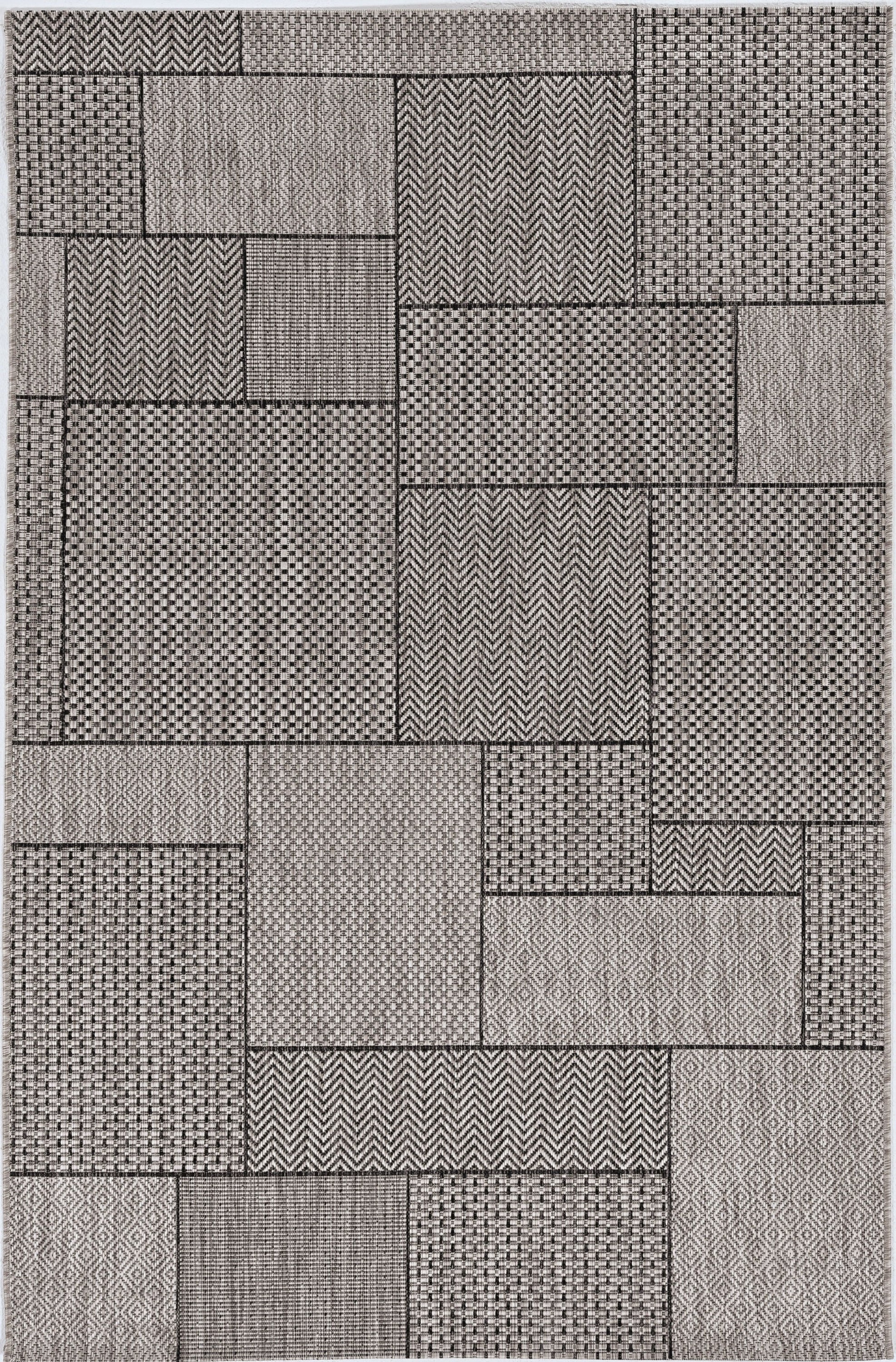 3x5 inches grey machine woven UV treated geometric blocks indoor/outdoor rug with modern design and low pile height.