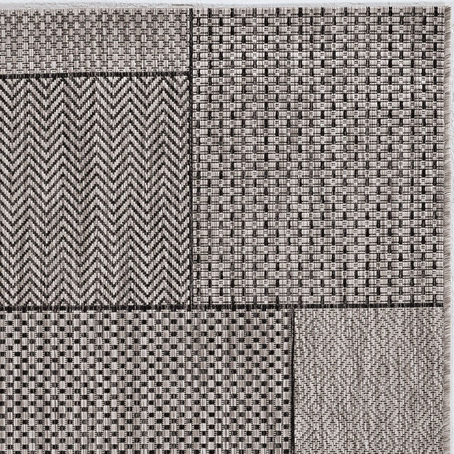 3x5 inches grey machine woven UV treated geometric blocks indoor/outdoor rug with modern design and low pile height.