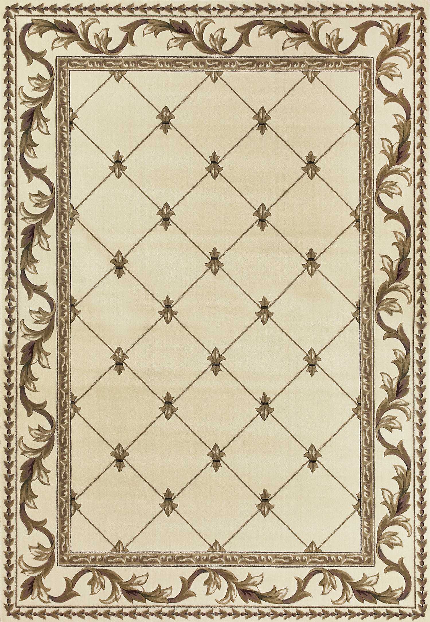 Ivory machine woven hand carved fleur-de-lis indoor rug, showcasing intricate details and elegant design.