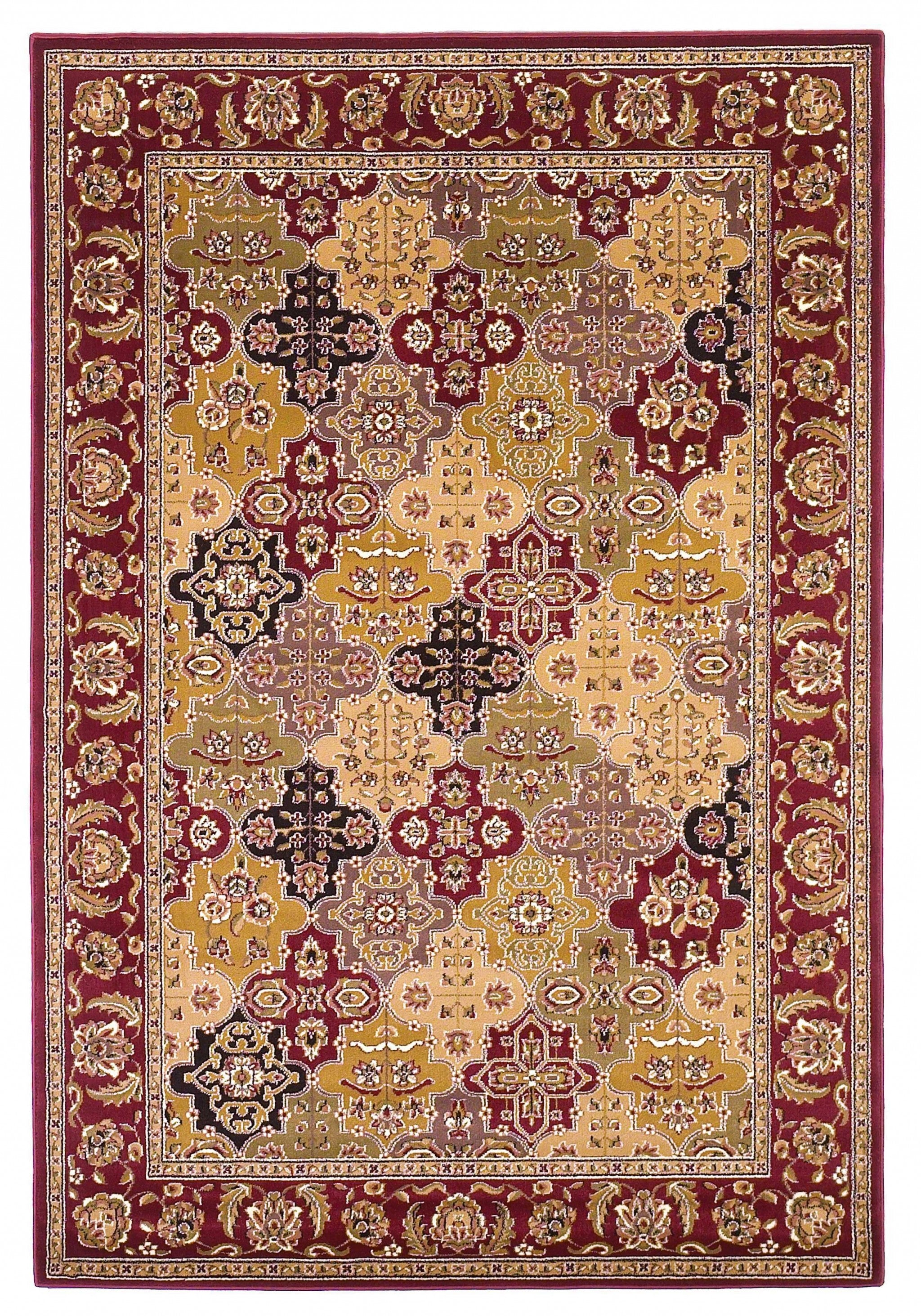 A vibrant red machine woven traditional quatrefoil indoor area rug, showcasing intricate patterns and a soft texture, perfect for enhancing home decor.