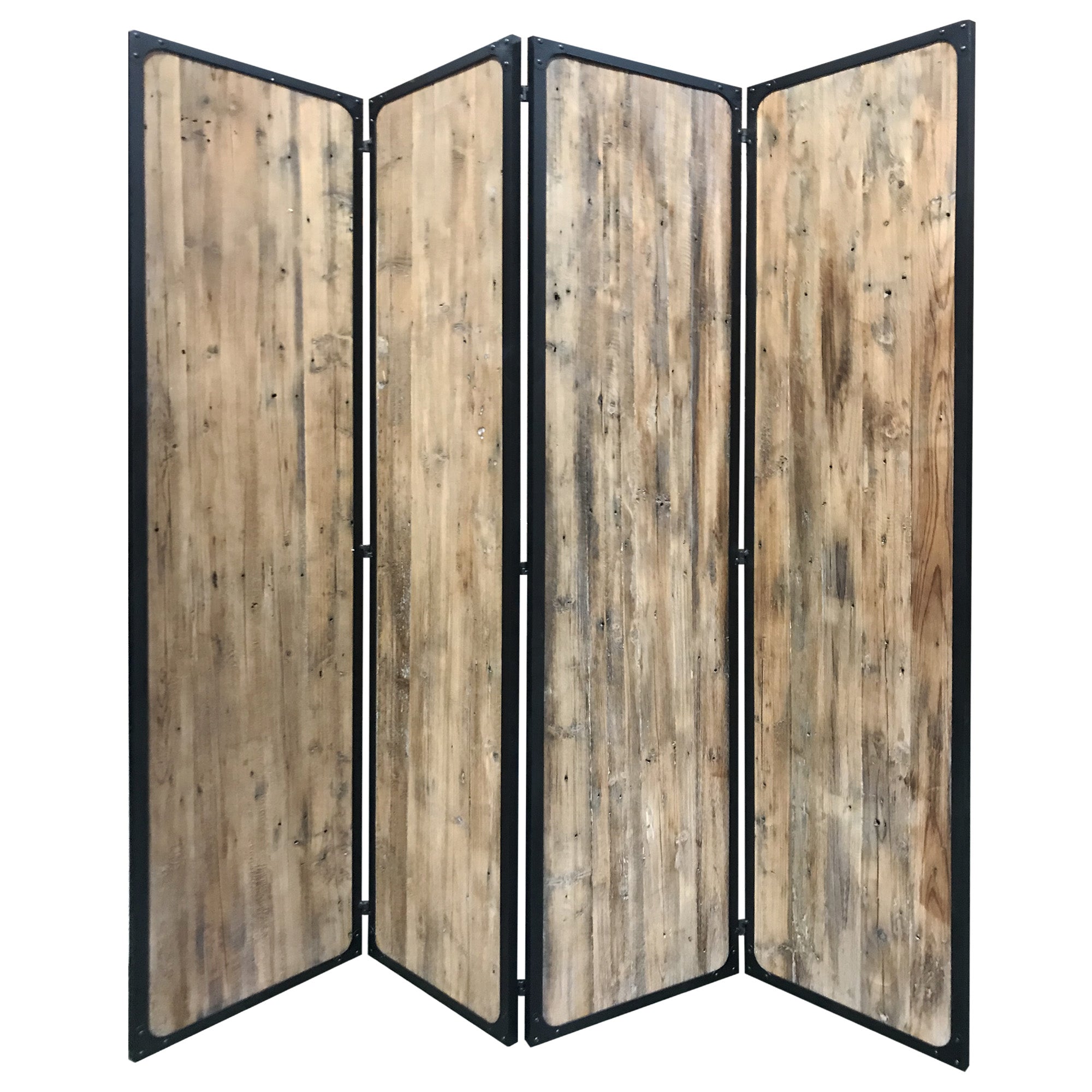 4 Panel Brown Room Divider featuring solid wood panels with a rustic distressed finish and strong black metal frames, ideal for space separation.