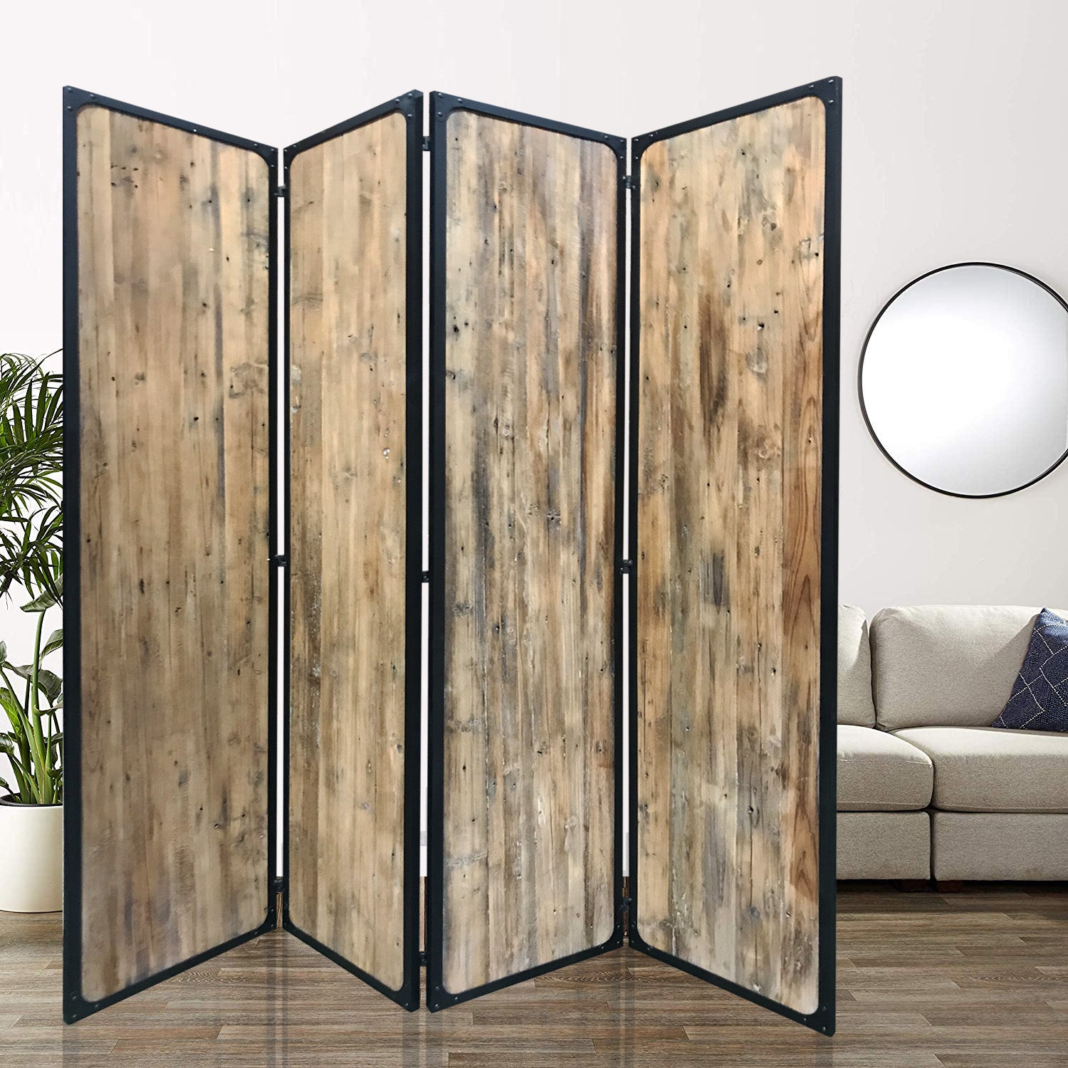 4 Panel Brown Room Divider featuring solid wood panels with a rustic distressed finish and strong black metal frames, ideal for space separation.