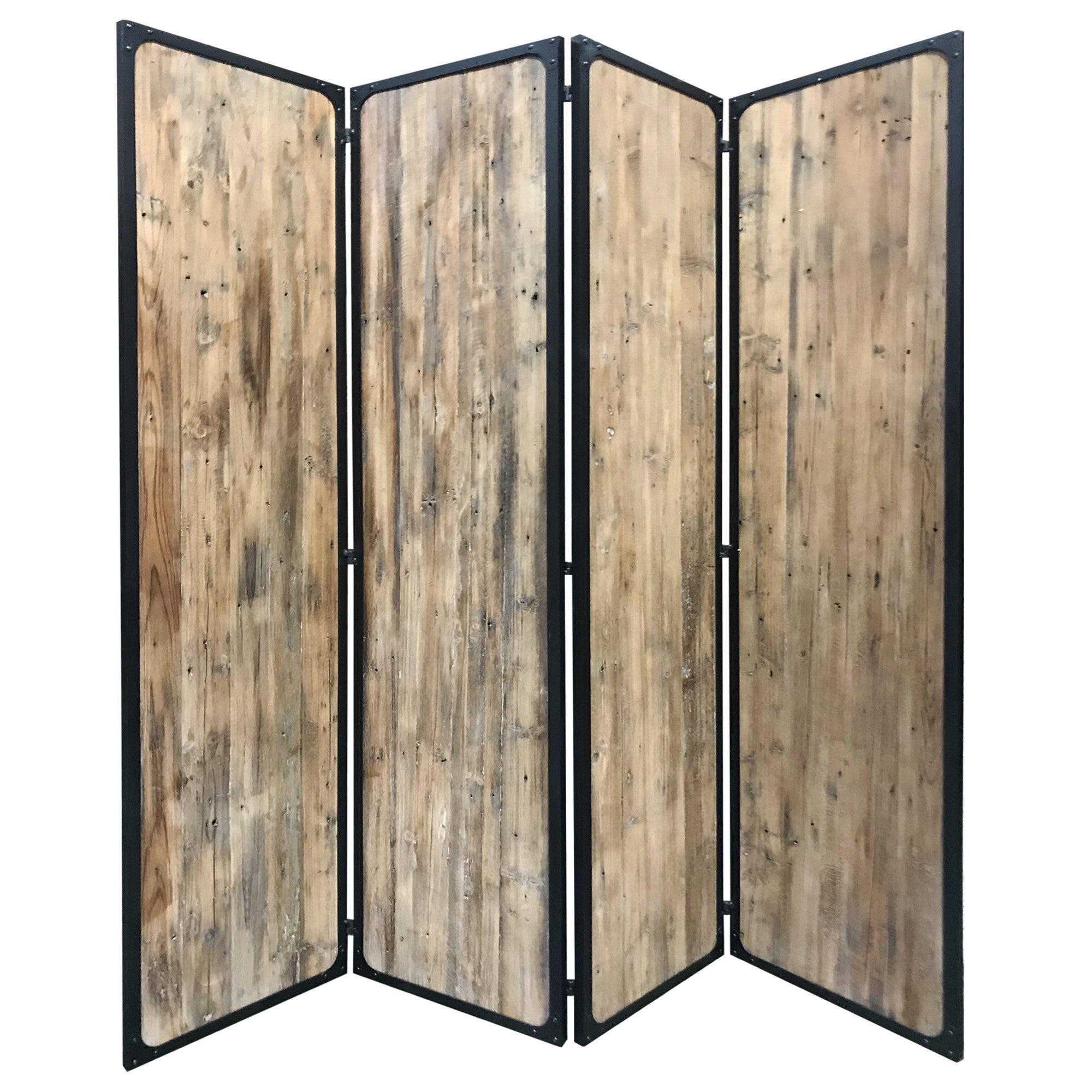 4 Panel Brown Room Divider featuring solid wood panels with a rustic distressed finish and strong black metal frames, ideal for space separation.