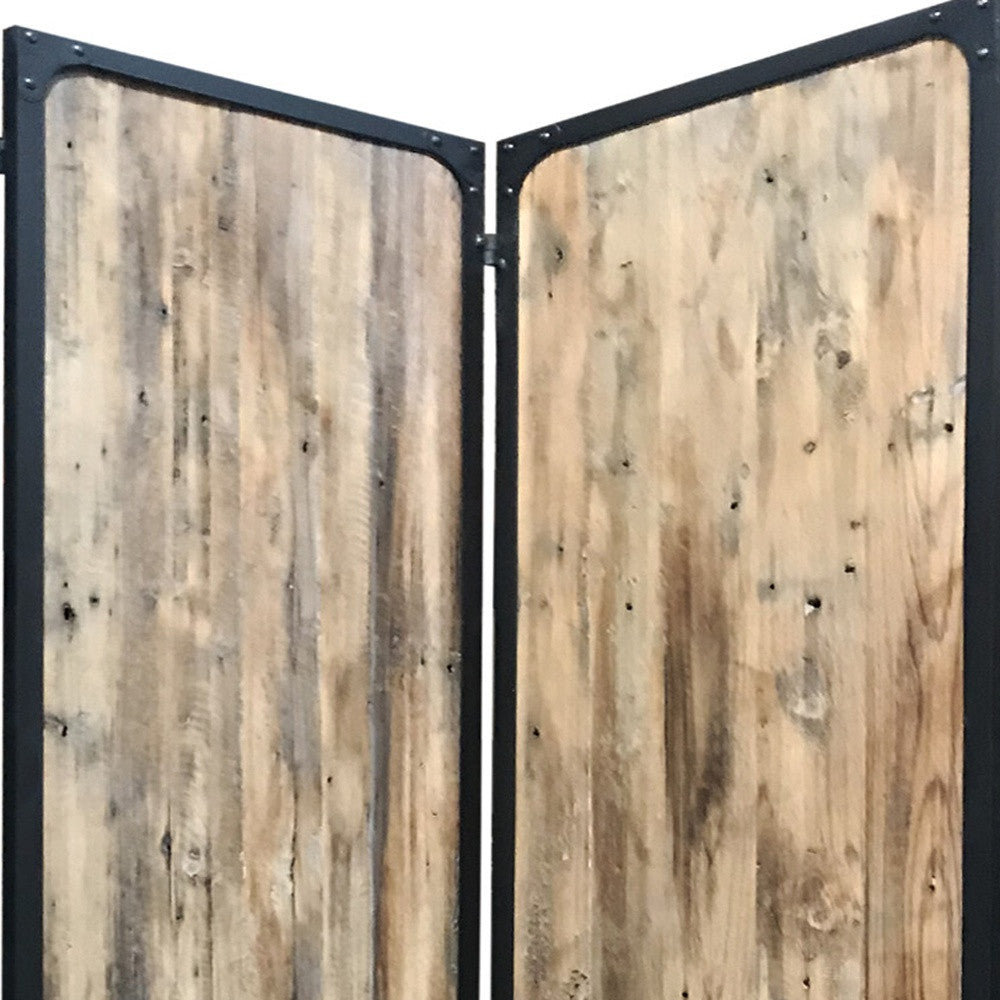 4 Panel Brown Room Divider featuring solid wood panels with a rustic distressed finish and strong black metal frames, ideal for space separation.