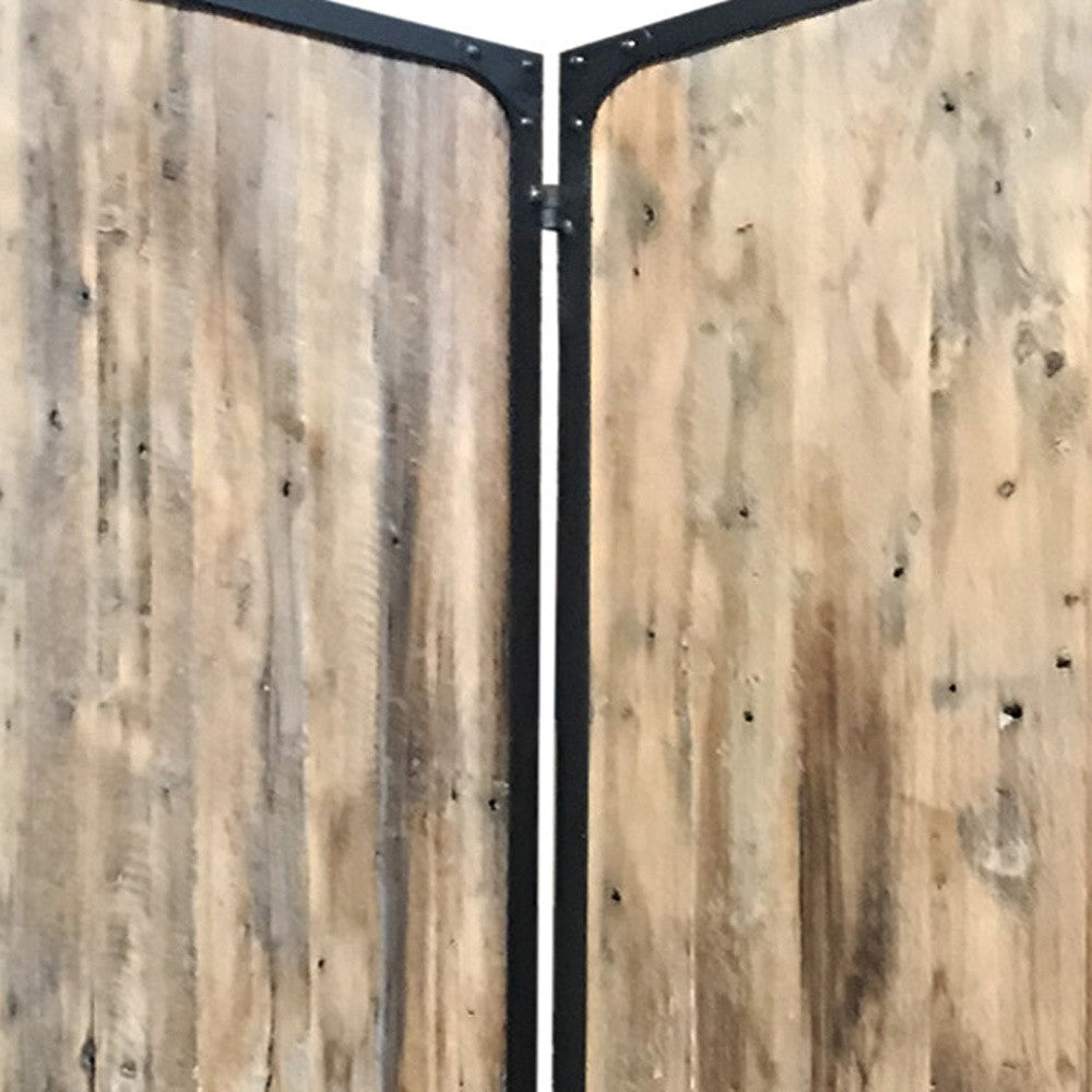 4 Panel Brown Room Divider featuring solid wood panels with a rustic distressed finish and strong black metal frames, ideal for space separation.