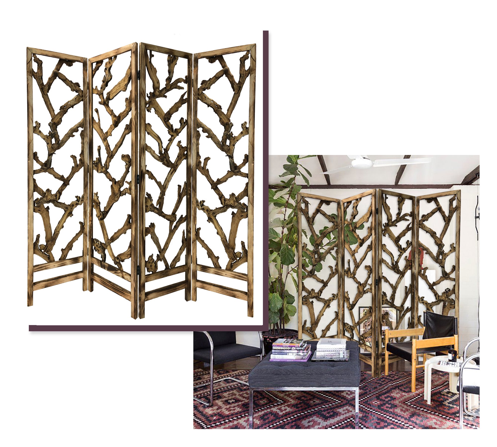 A beautifully crafted 4 panel room divider featuring tropical leaf design, made from unique wood root branches with a natural wood finish.