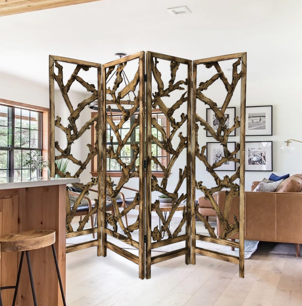 A beautifully crafted 4 panel room divider featuring tropical leaf design, made from unique wood root branches with a natural wood finish.