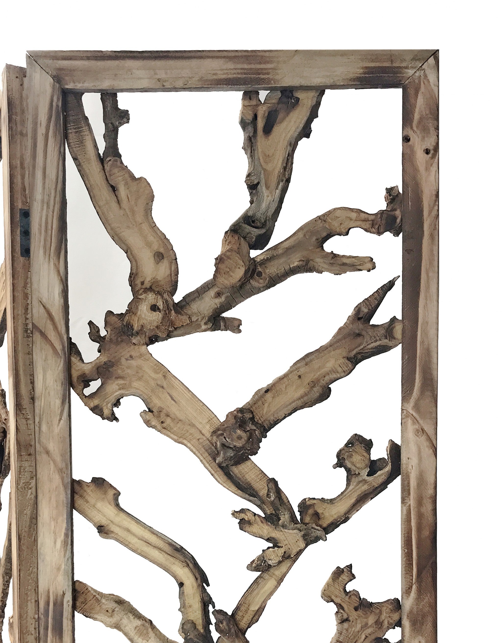 A beautifully crafted 4 panel room divider featuring tropical leaf design, made from unique wood root branches with a natural wood finish.