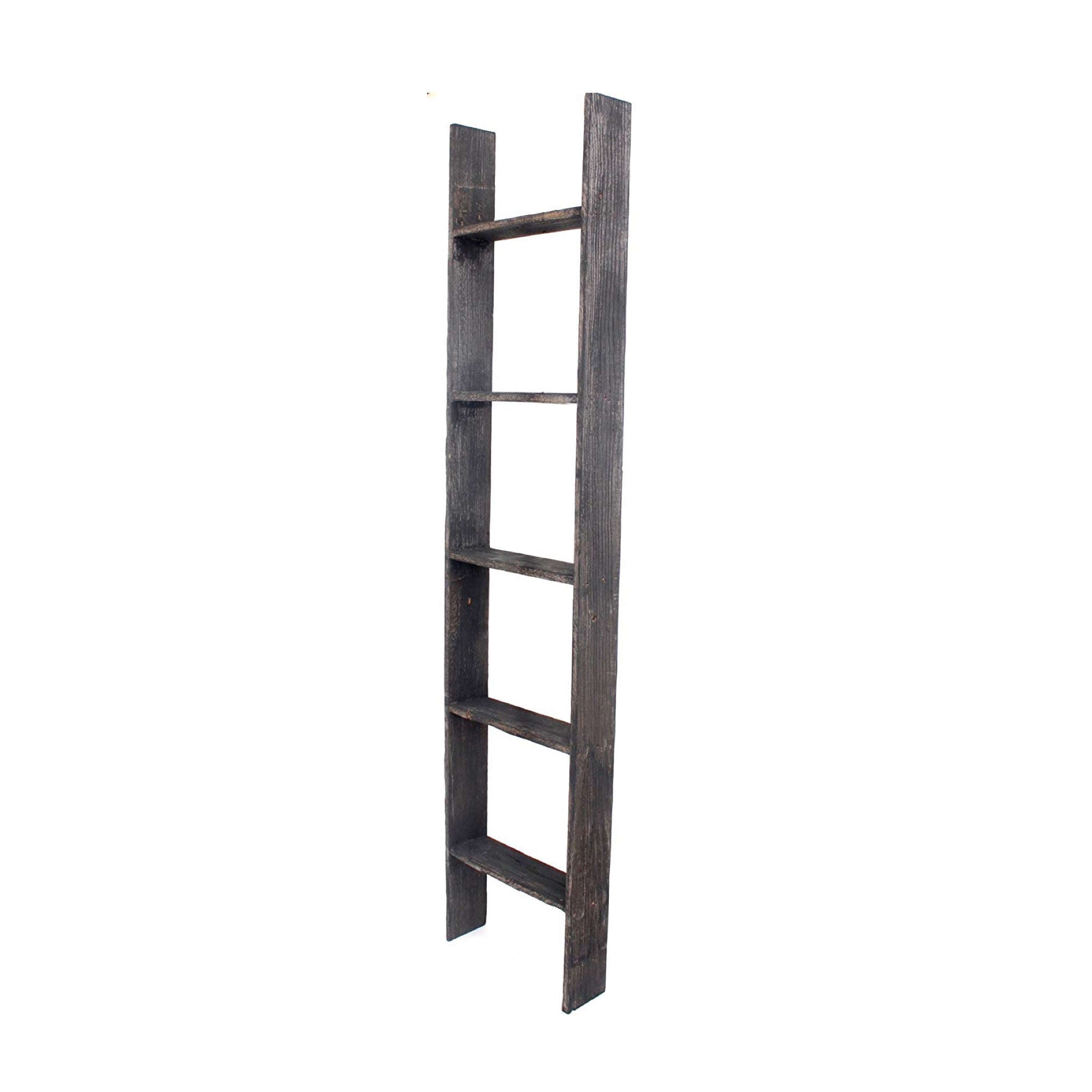 A rustic black wood ladder shelf with four steps, showcasing its unique handcrafted design and reclaimed wood texture.