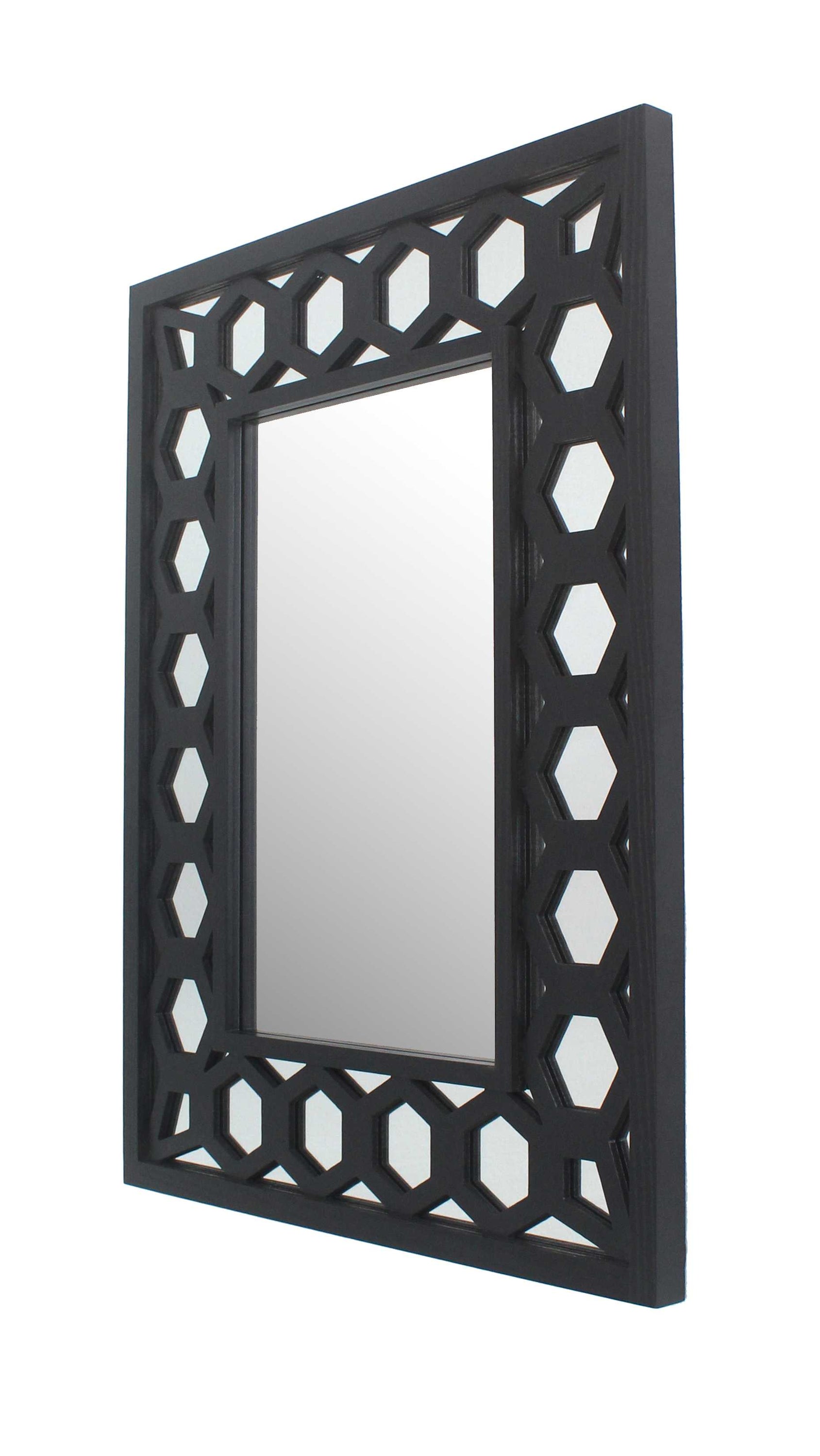 A stylish black vintage dressing mirror with a wooden frame, featuring a rectangular shape and lattice design, perfect for makeup and grooming.