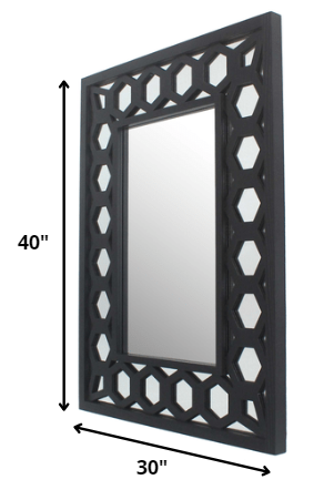 A stylish black vintage dressing mirror with a wooden frame, featuring a rectangular shape and lattice design, perfect for makeup and grooming.