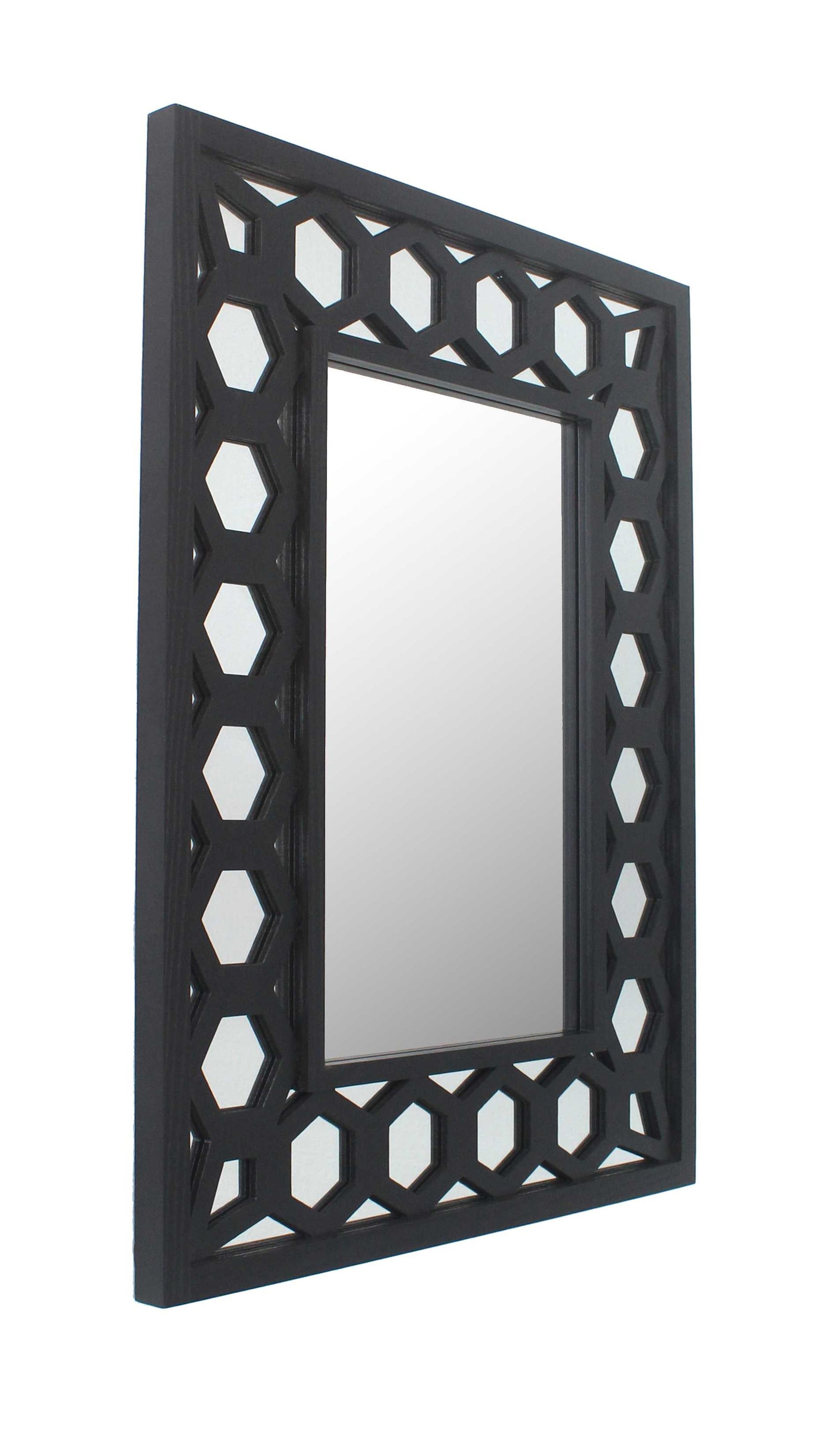 A stylish black vintage dressing mirror with a wooden frame, featuring a rectangular shape and lattice design, perfect for makeup and grooming.