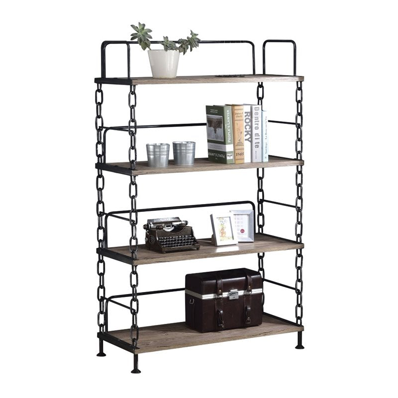 A rustic oak and black particle board bookshelf, 40x22x72 inches, showcasing books and decorative items in a stylish setting.