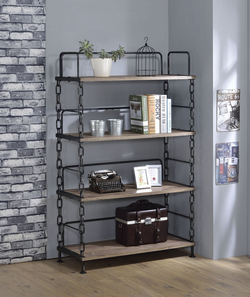 A rustic oak and black particle board bookshelf, 40x22x72 inches, showcasing books and decorative items in a stylish setting.