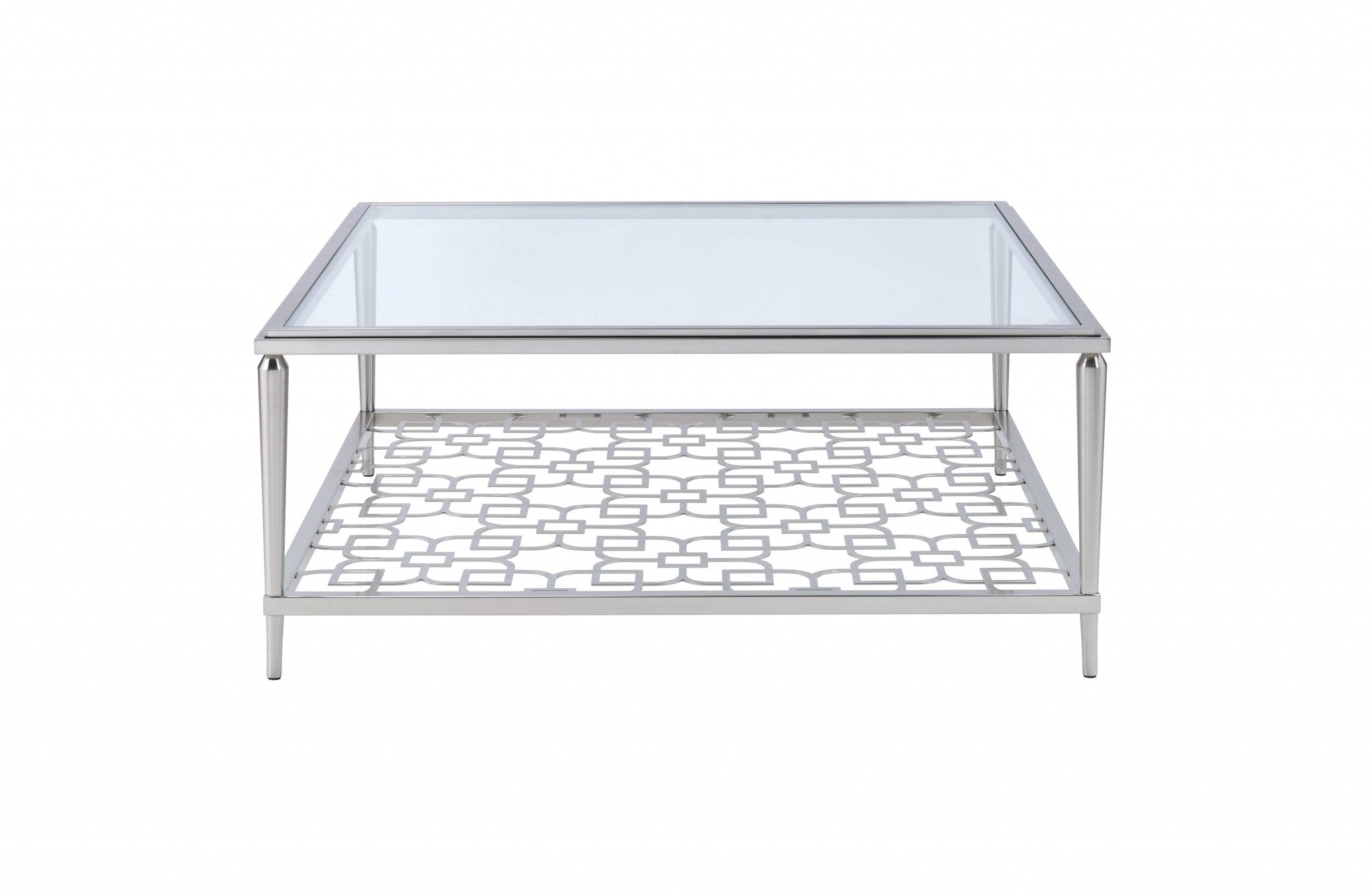 Stylish 40x40 inch nickel clear glass coffee table with a tempered glass top and metal shelf, supported by tapered metal legs.