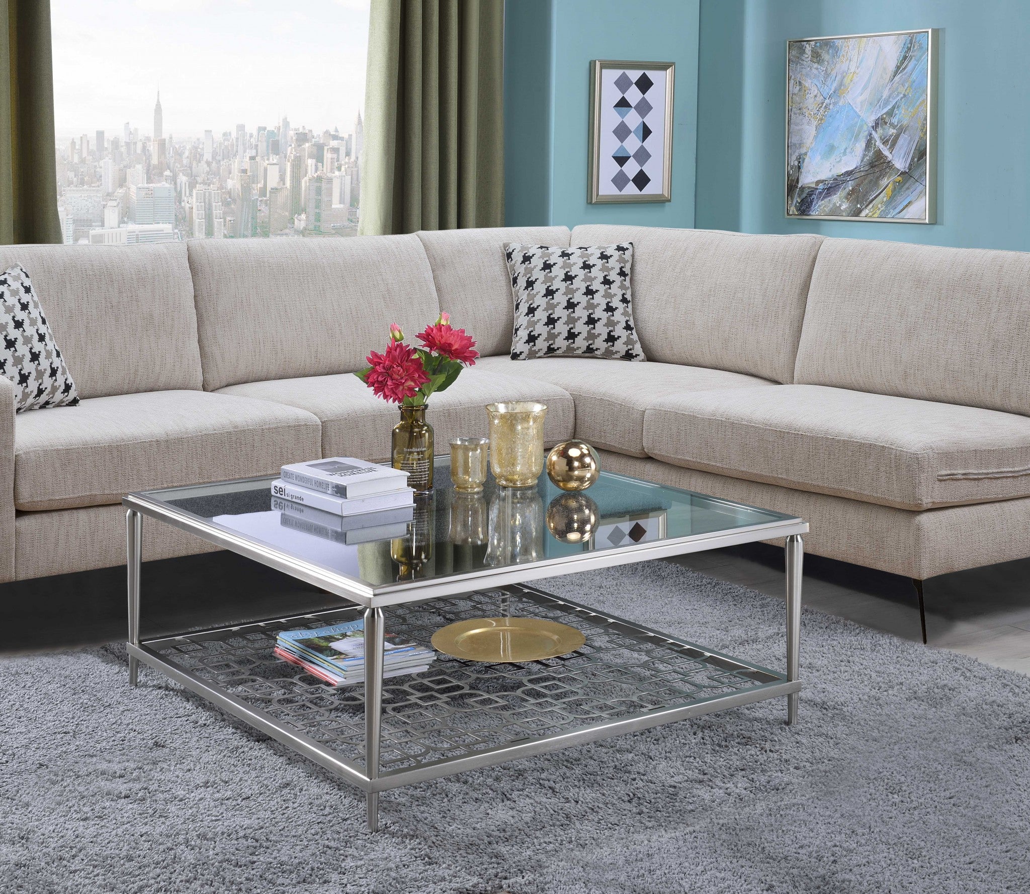 Stylish 40x40 inch nickel clear glass coffee table with a tempered glass top and metal shelf, supported by tapered metal legs.