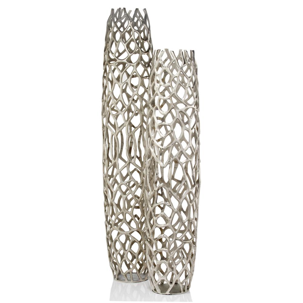 A tall 40-inch rough silver XL twigs barrel floor vase, elegantly designed with a modern aesthetic, perfect for home decor.