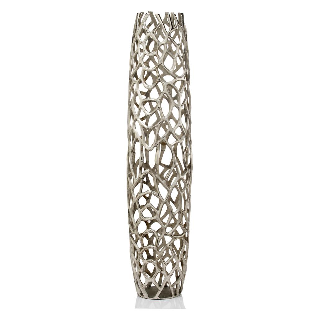 A tall 40-inch rough silver XL twigs barrel floor vase, elegantly designed with a modern aesthetic, perfect for home decor.