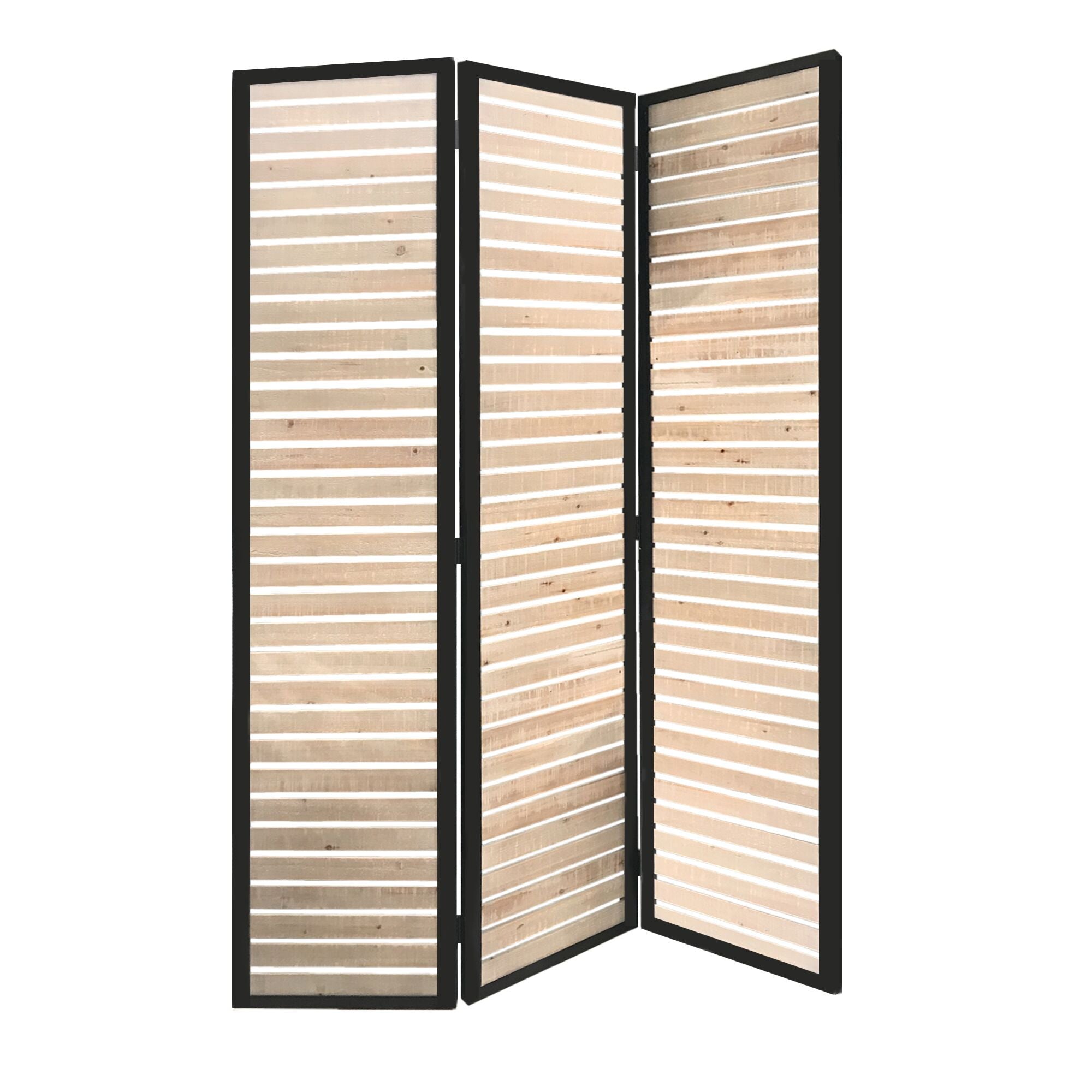 A stylish 41 x 1.5 x 67 natural brown wood and metal screen featuring a polished black metal panel and cream white wood insets, perfect for room division.