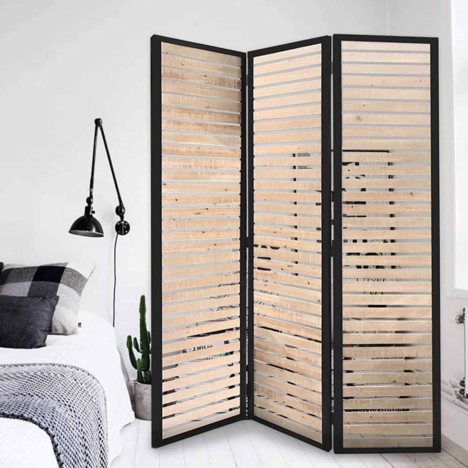 A stylish 41 x 1.5 x 67 natural brown wood and metal screen featuring a polished black metal panel and cream white wood insets, perfect for room division.