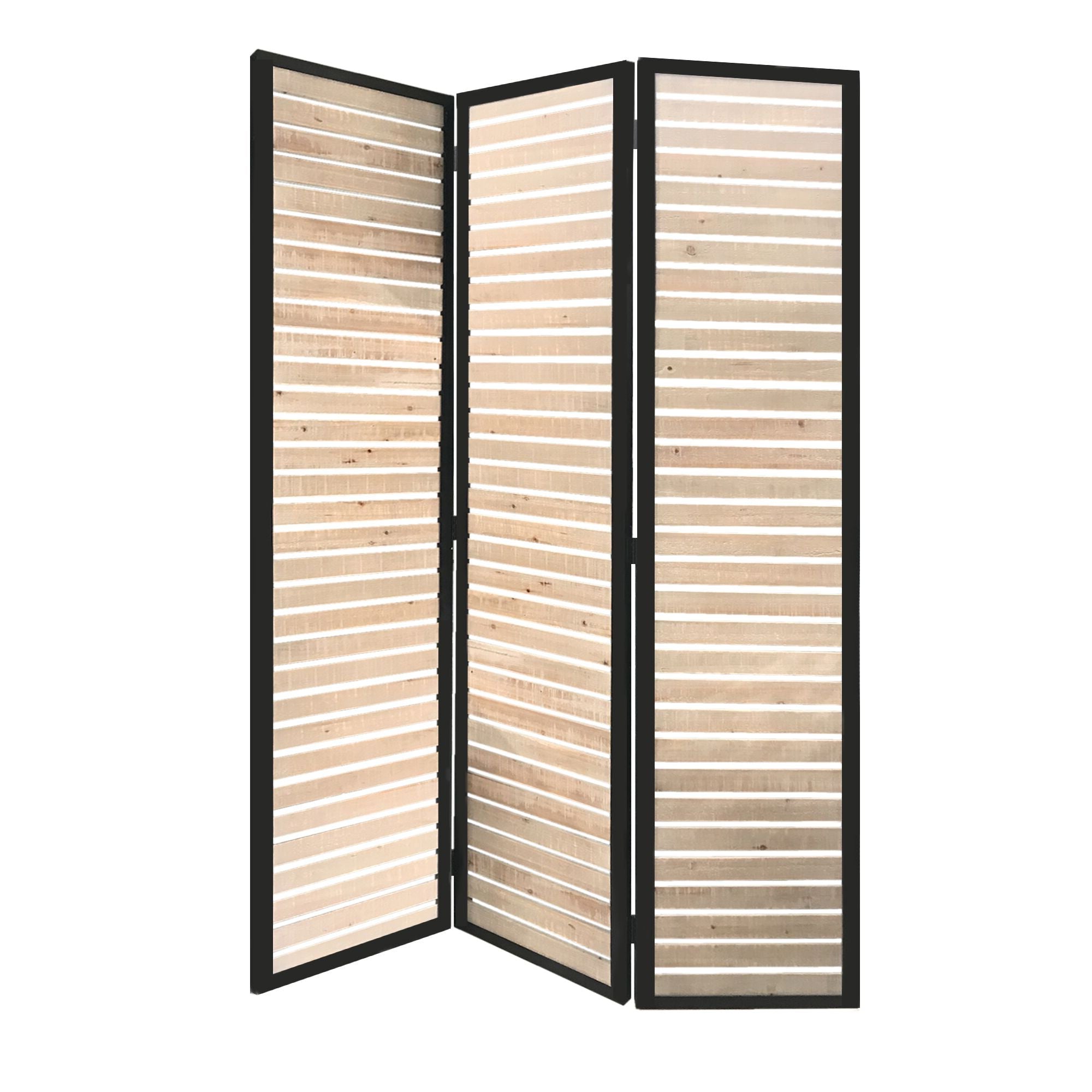 A stylish 41 x 1.5 x 67 natural brown wood and metal screen featuring a polished black metal panel and cream white wood insets, perfect for room division.