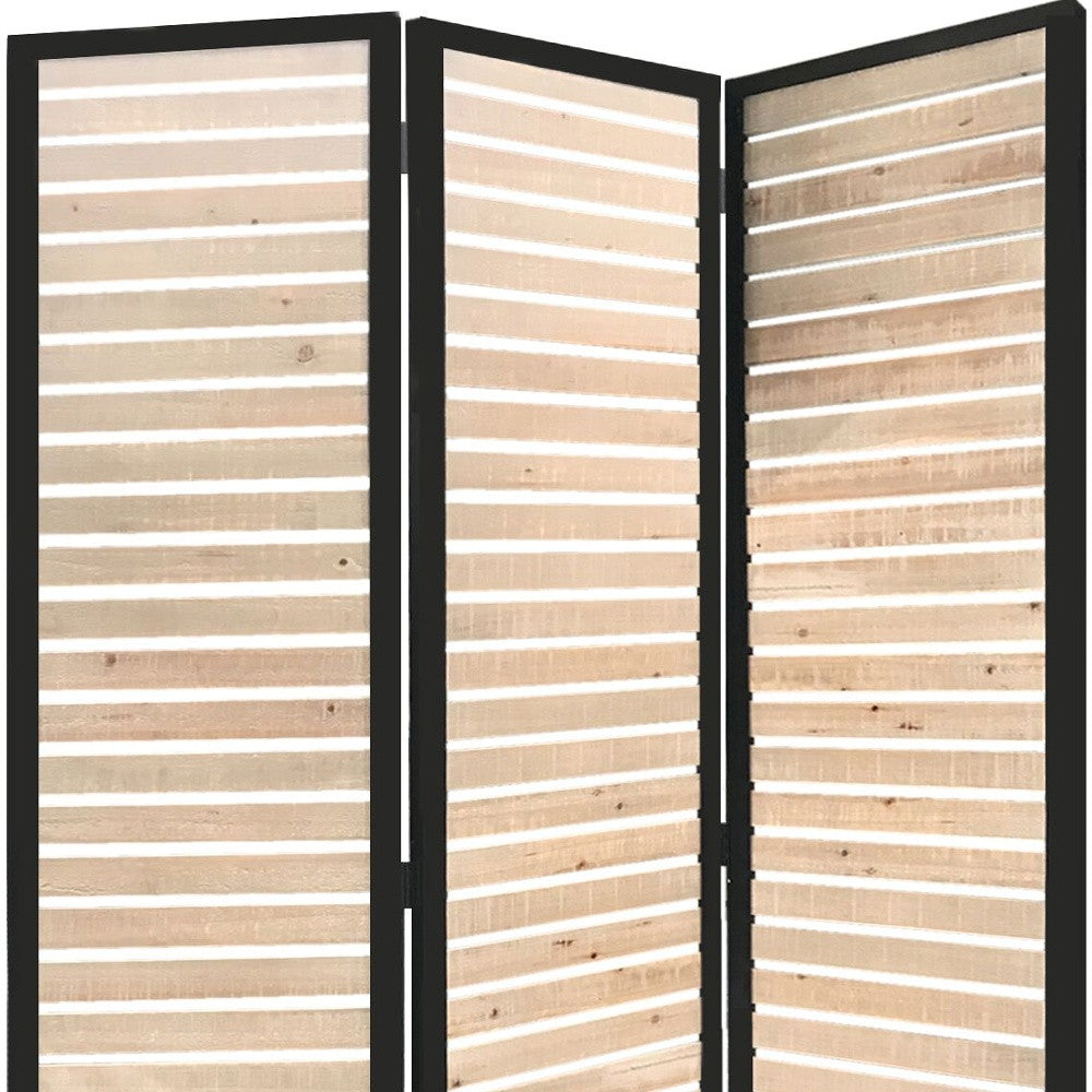 A stylish 41 x 1.5 x 67 natural brown wood and metal screen featuring a polished black metal panel and cream white wood insets, perfect for room division.