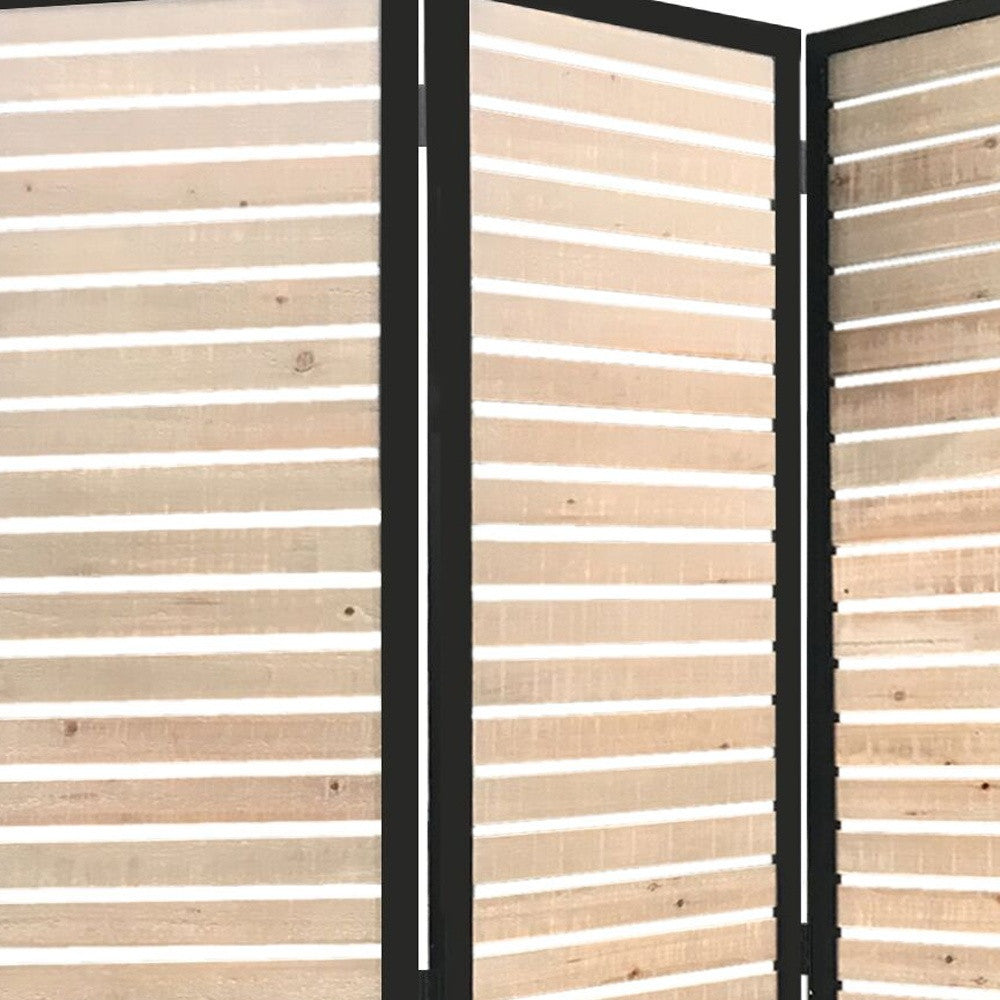 A stylish 41 x 1.5 x 67 natural brown wood and metal screen featuring a polished black metal panel and cream white wood insets, perfect for room division.