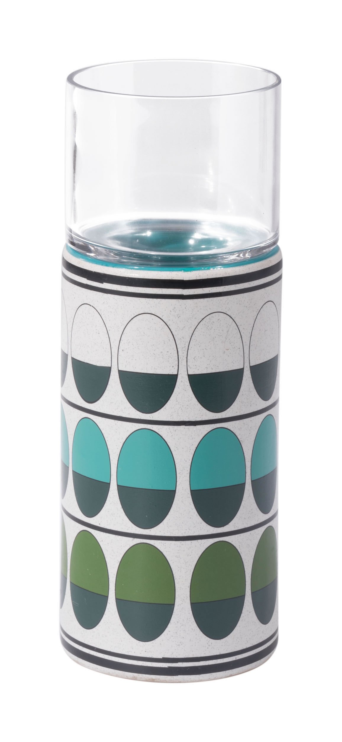 A vibrant green and teal ceramic candle holder with a speckled white surface and oval pattern, perfect for home decor.