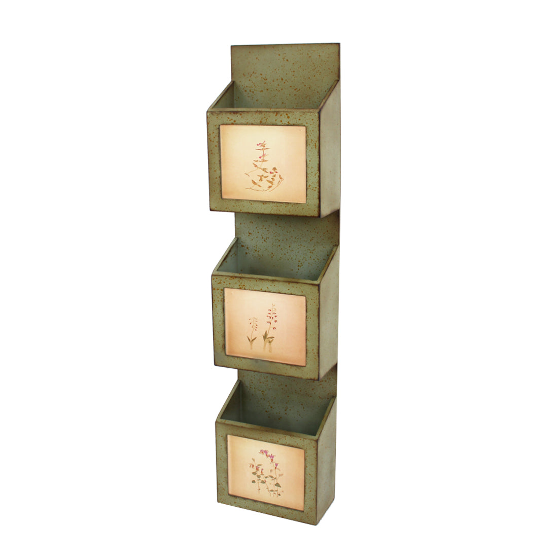 Green Rustic Vertical Newspaper & Magazine Rack with sectioned storage and metal hooks for wall hanging, showcasing a vintage-inspired design.