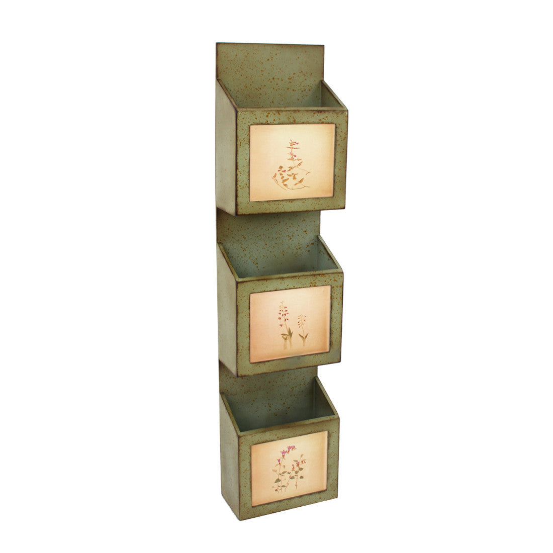 Green Rustic Vertical Newspaper & Magazine Rack with sectioned storage and metal hooks for wall hanging, showcasing a vintage-inspired design.