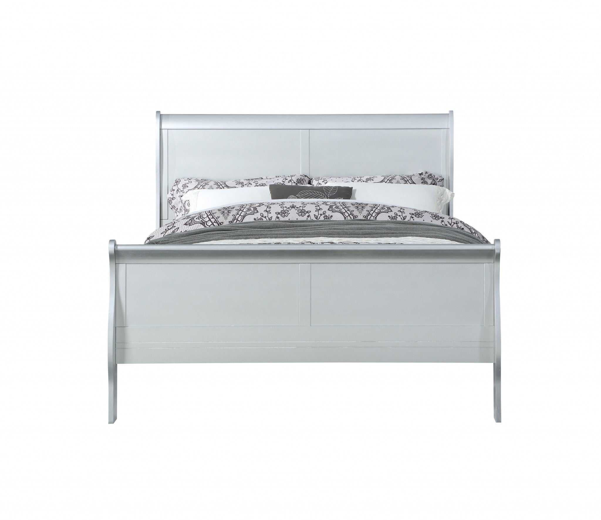 Elegant 41in X 85in X 47in Platinum Wood Twin Bed with traditional sleigh design in off-white finish.