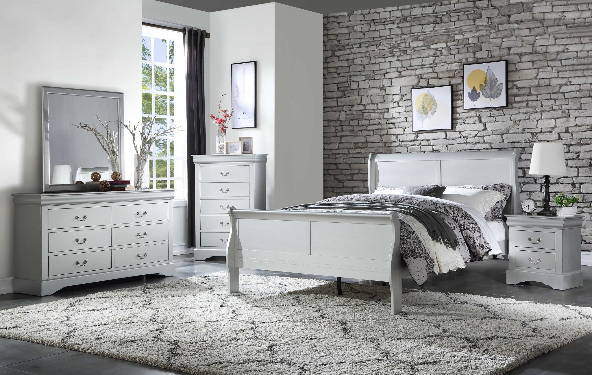 Elegant 41in X 85in X 47in Platinum Wood Twin Bed with traditional sleigh design in off-white finish.