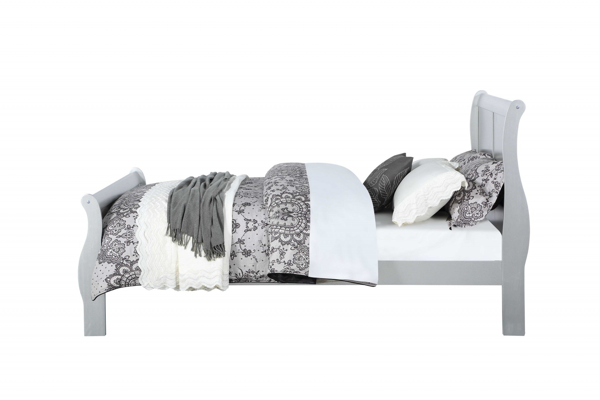 Elegant 41in X 85in X 47in Platinum Wood Twin Bed with traditional sleigh design in off-white finish.