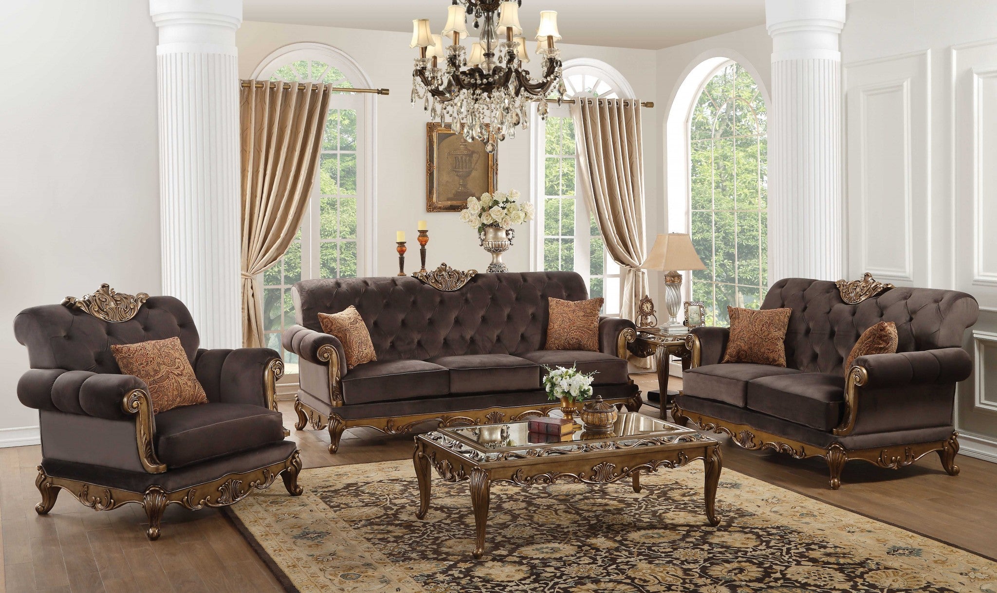 Elegant 41x94 inches charcoal fabric upholstery with antique gold accents, featuring button tufted backrest and detailed wooden legs.