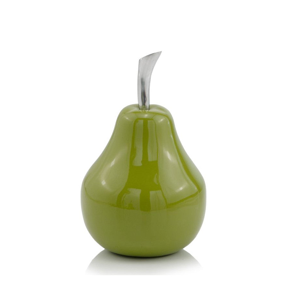 A stylish green aluminum small pear, measuring 4.25 inches wide and deep, and 7 inches tall, showcasing modern elegance and craftsmanship.