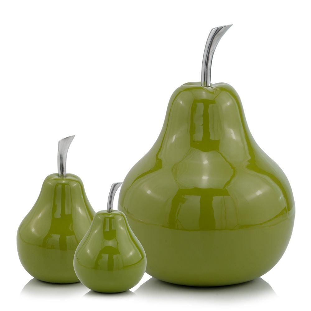 A stylish green aluminum small pear, measuring 4.25 inches wide and deep, and 7 inches tall, showcasing modern elegance and craftsmanship.