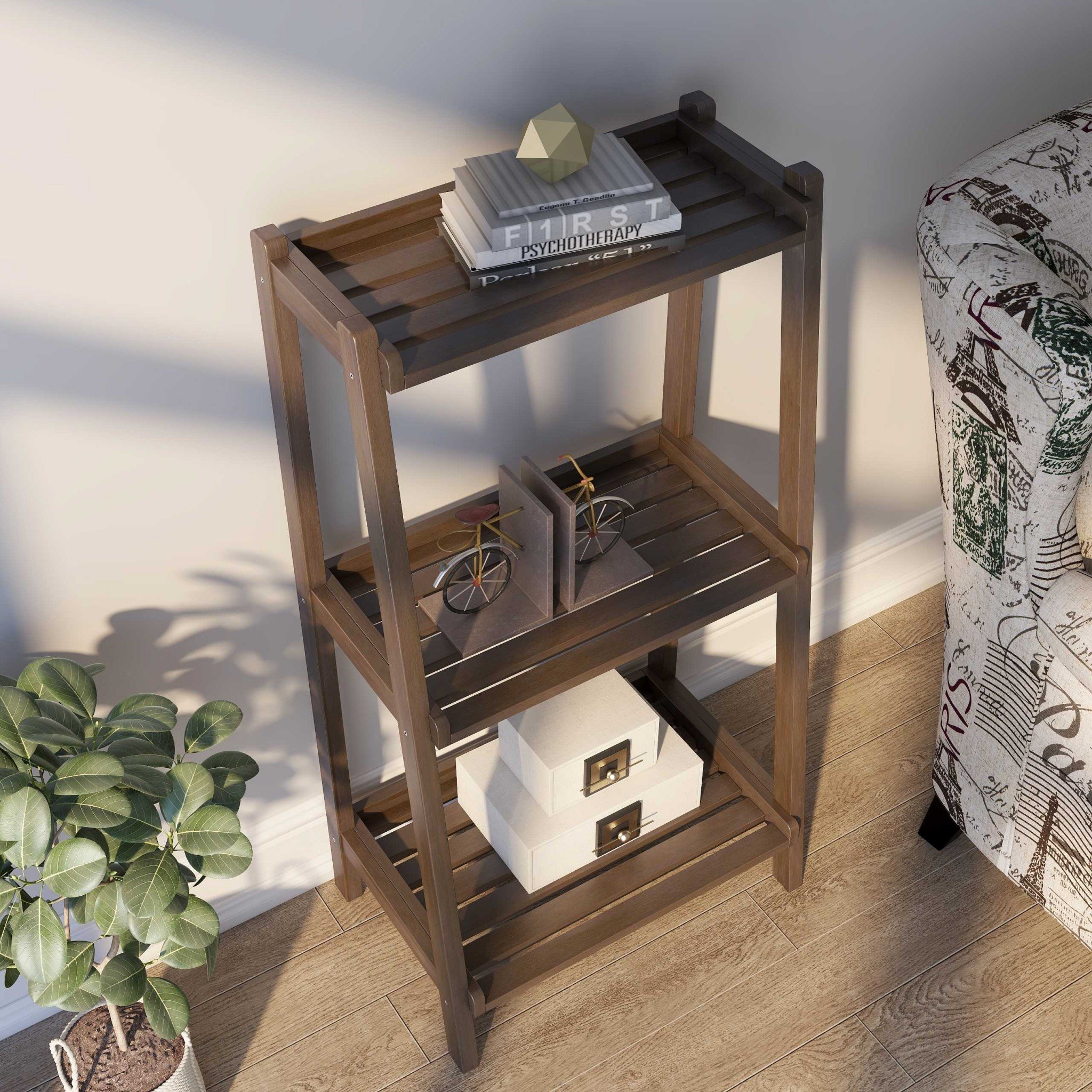 42-inch espresso bookcase with three shelves, showcasing modern design and solid wood construction.