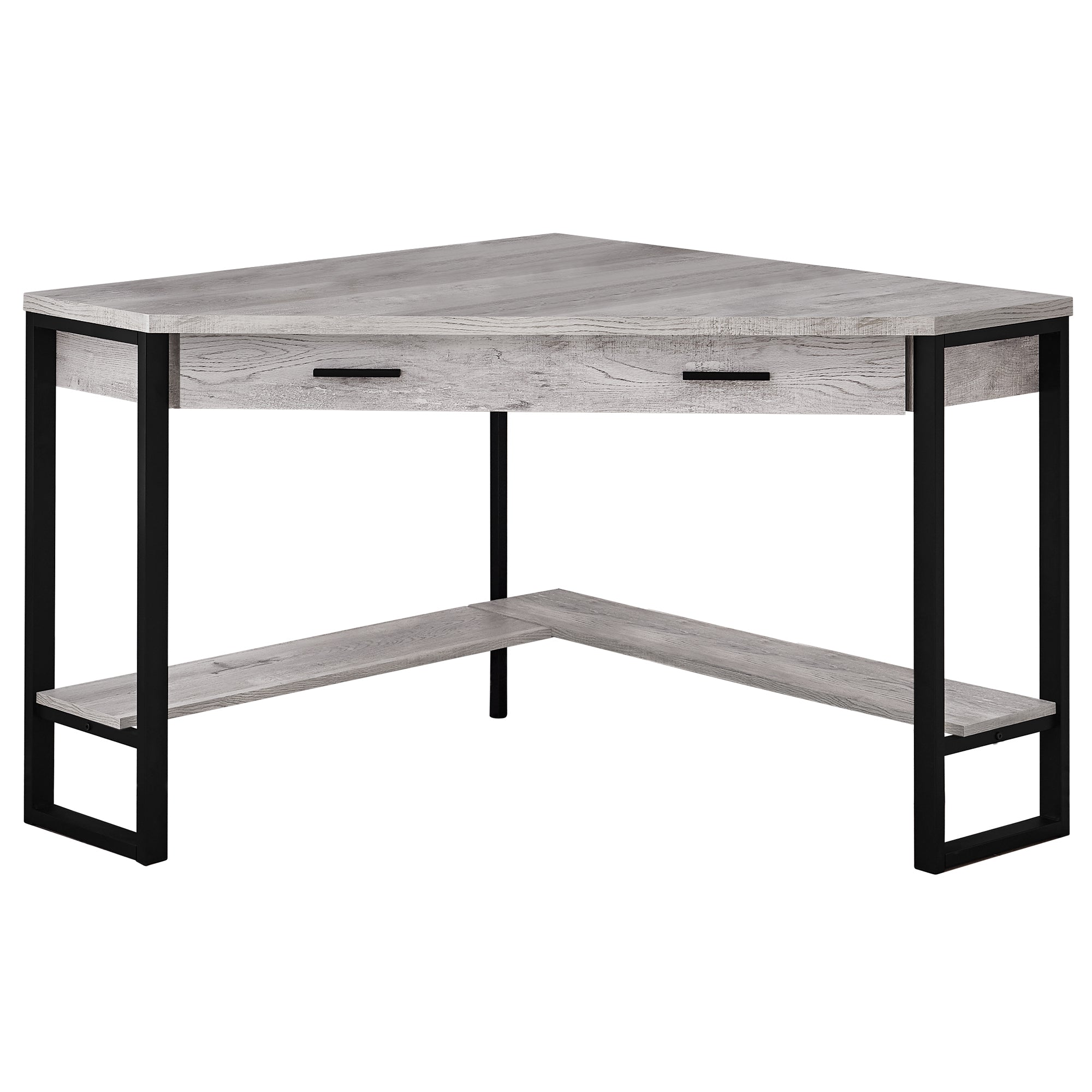 42 inches x 42 inches x 30 inches grey reclaimed wood corner computer desk with black metal framing, ideal for home office use.