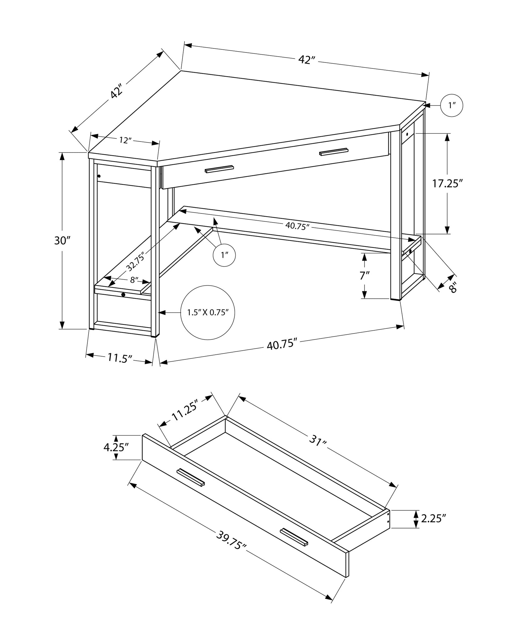 42 inches x 42 inches x 30 inches grey reclaimed wood corner computer desk with black metal framing, ideal for home office use.