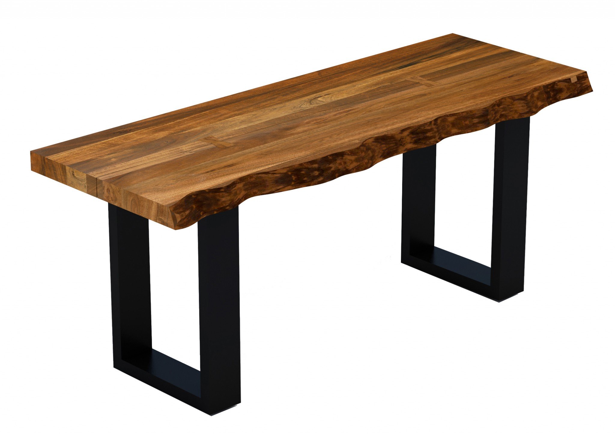 A rustic 43-inch live edge acacia wood bench with sturdy black metal legs, showcasing its warm walnut finish and unique natural design.