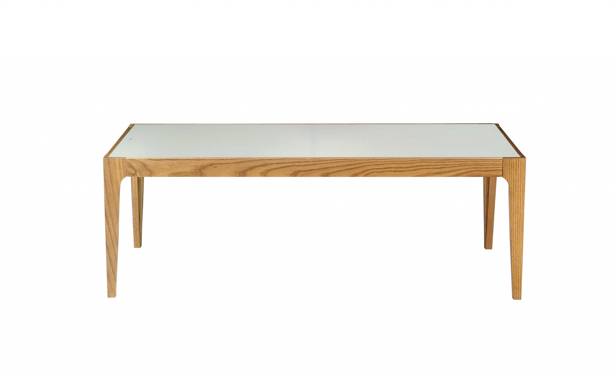 A stylish 43x24x15 inches natural and frost glass coffee table featuring a frosted glass top and wooden tapered legs, perfect for modern living rooms.