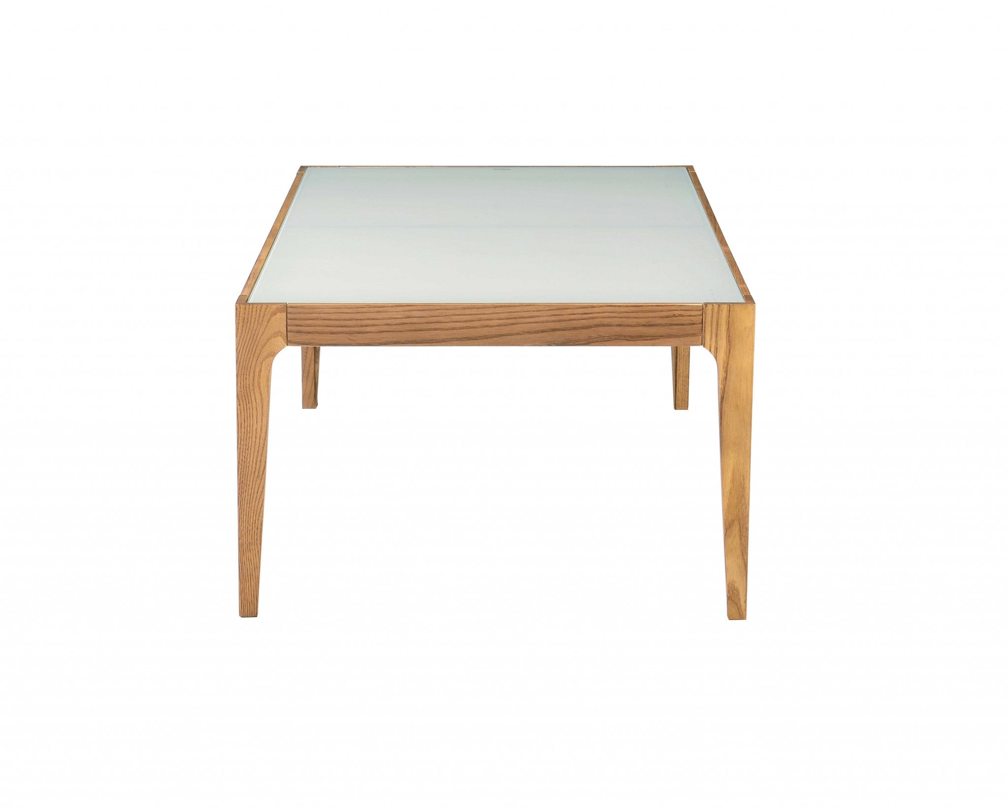 A stylish 43x24x15 inches natural and frost glass coffee table featuring a frosted glass top and wooden tapered legs, perfect for modern living rooms.