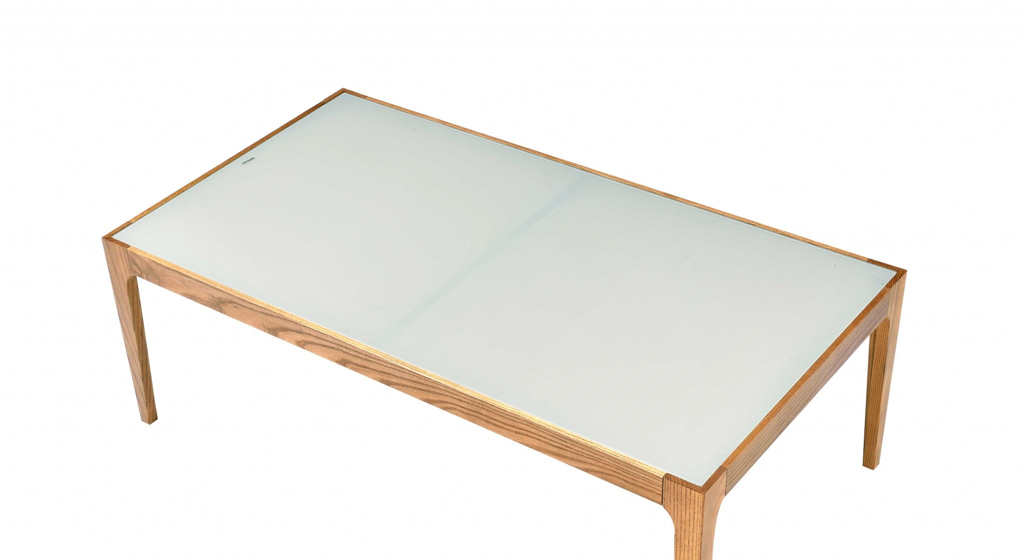 A stylish 43x24x15 inches natural and frost glass coffee table featuring a frosted glass top and wooden tapered legs, perfect for modern living rooms.