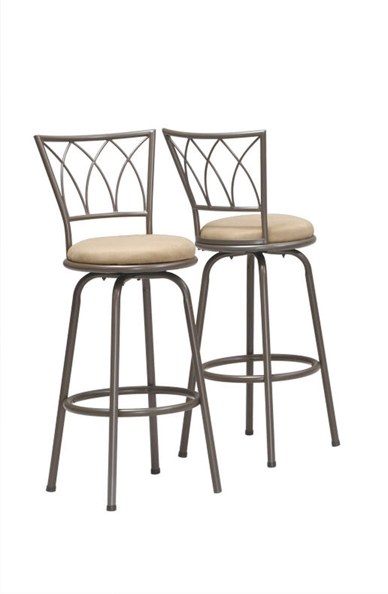 Set of two espresso metal barstools with beige micro suede cushioning and cathedral window design high back.