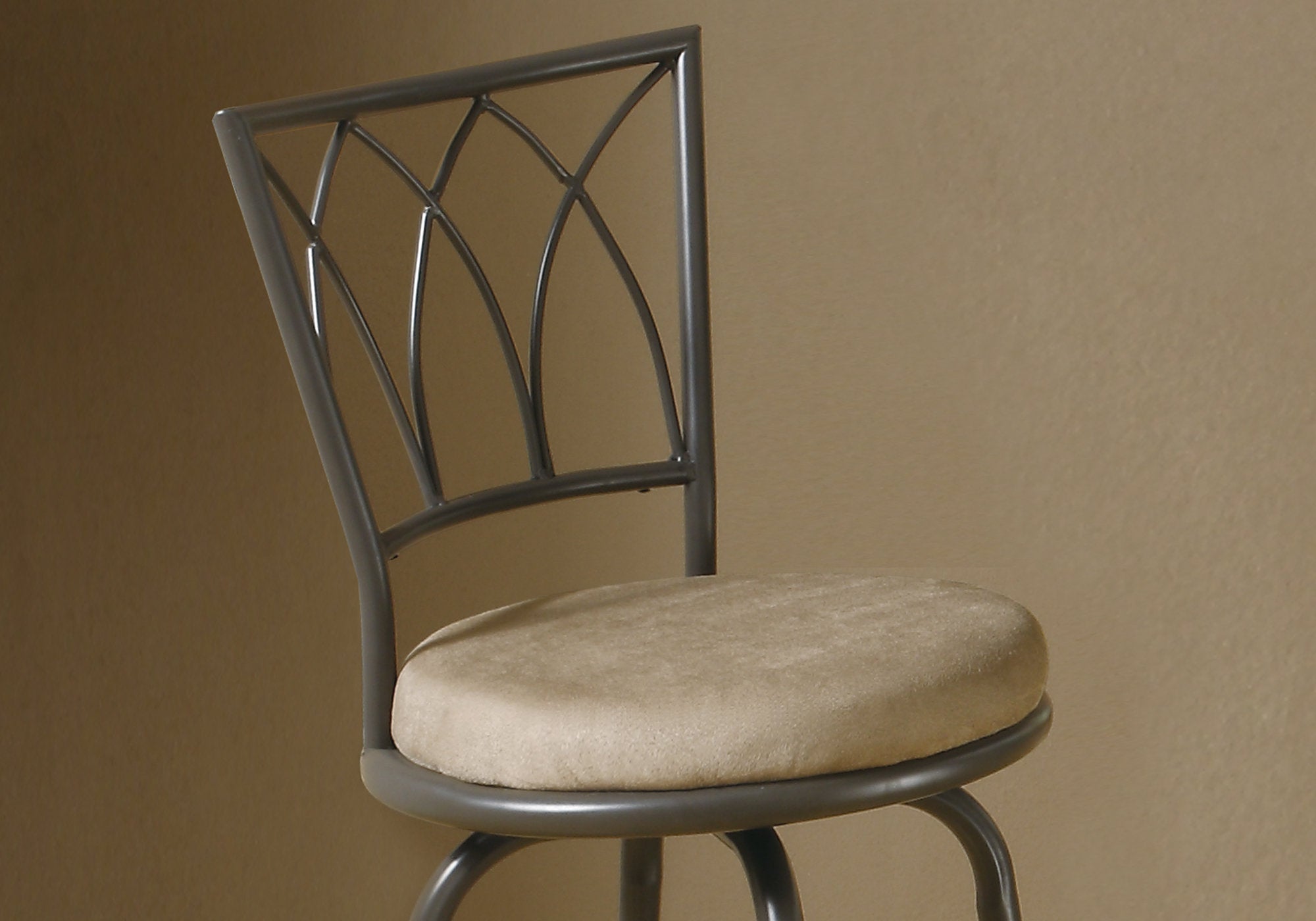 Set of two espresso metal barstools with beige micro suede cushioning and cathedral window design high back.