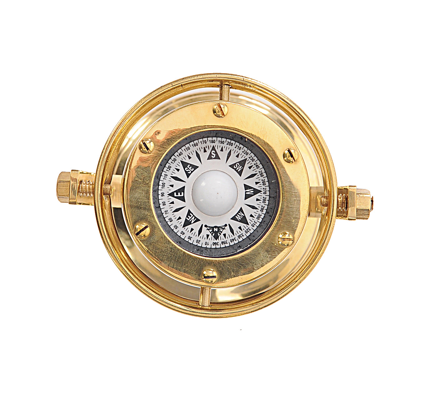 A beautifully crafted gimbaled compass made of high-quality brass with a shiny finish, measuring 4.5 inches wide, 5 inches long, and 5.5 inches high.