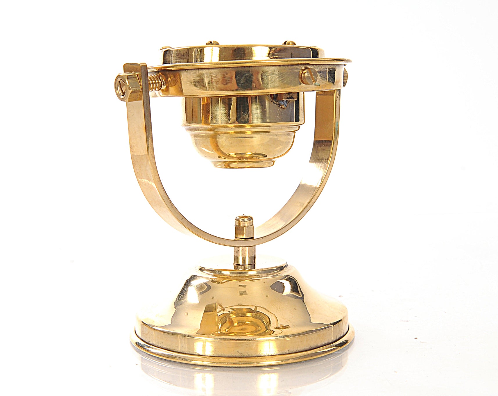 A beautifully crafted gimbaled compass made of high-quality brass with a shiny finish, measuring 4.5 inches wide, 5 inches long, and 5.5 inches high.